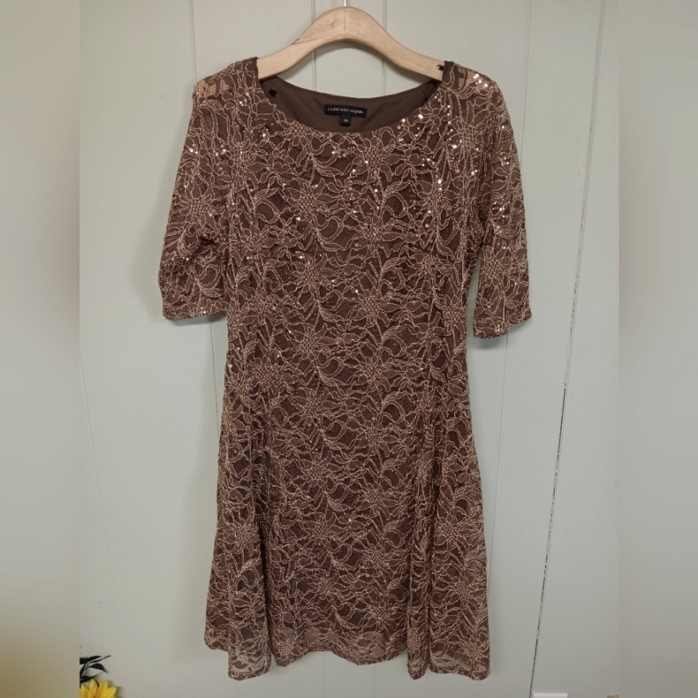 Chris McLaughin womens sz 14 sequined lace dress brown